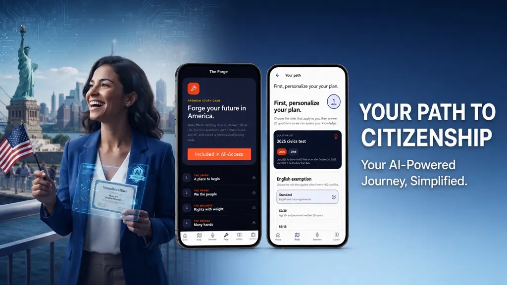 CitizenshipShortcut promotional artwork featuring a learner and two iPhone app previews.